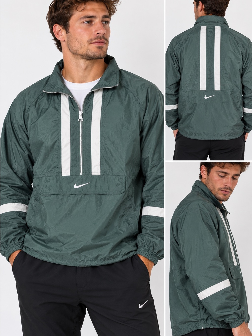 Nike Dark Green Pullover Windbreaker with White Stripe Detailing